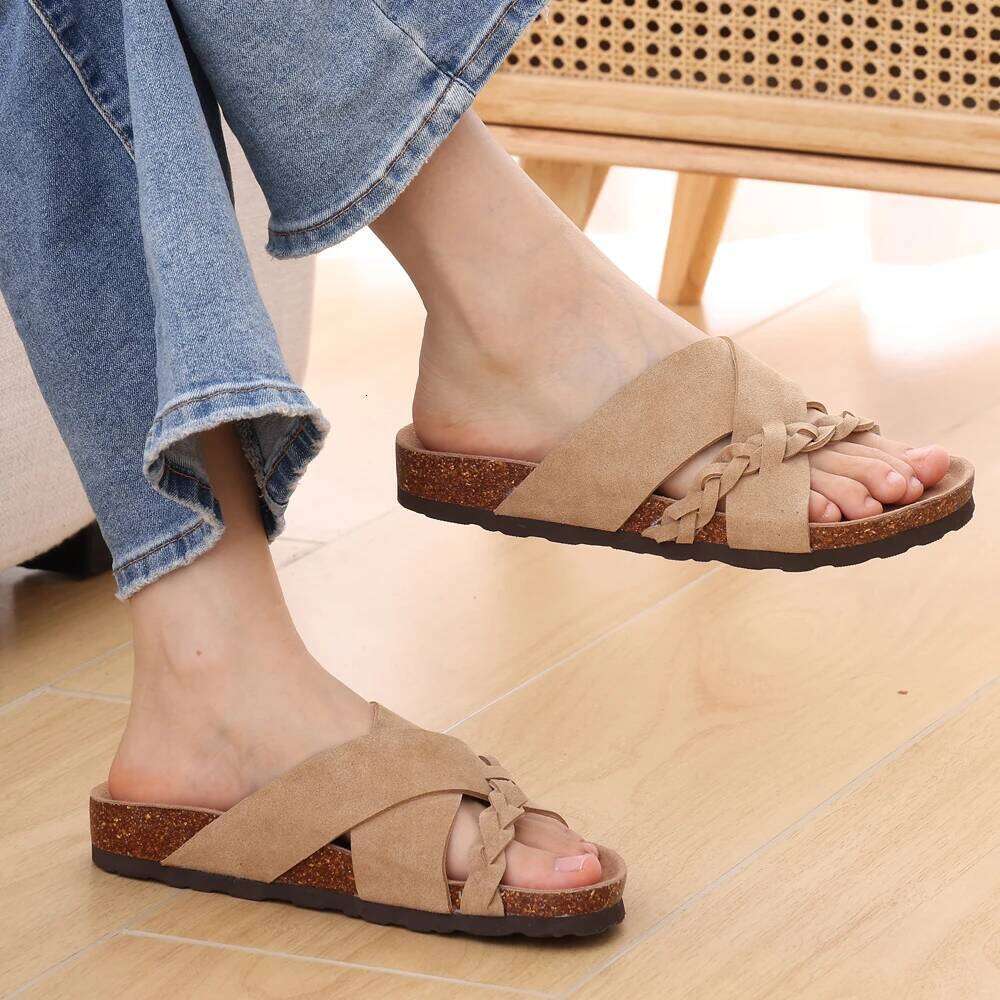 Kidmi New Women's Slides Soft Cork Footbed Comfortable Walking Slip-on Flat Sandals Arch Support Braided Straps Slippers