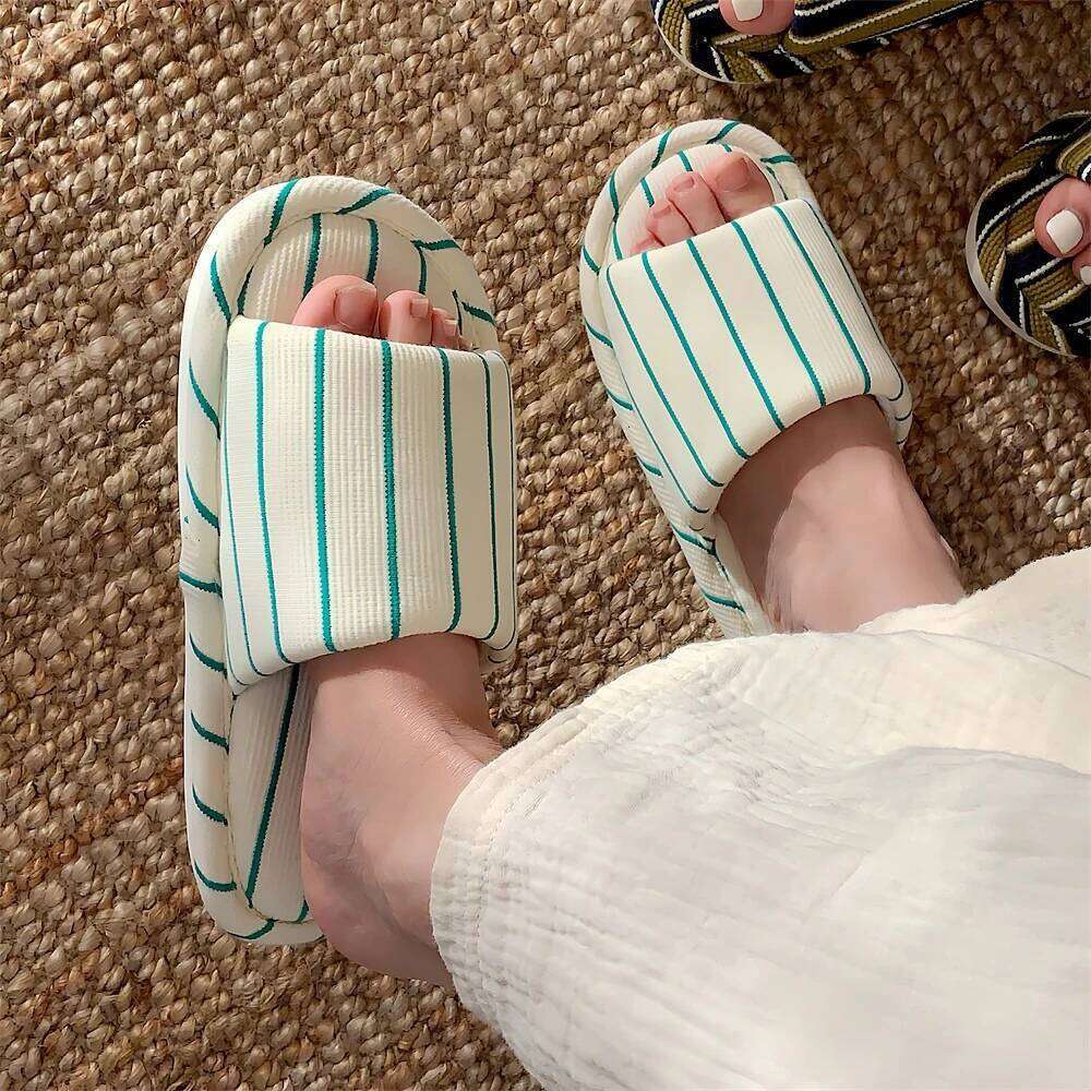 Korean Brief Cotton Linen Slippers For Women Men Shoes Anti-slip Striped Style Couples Home House Floor Slides