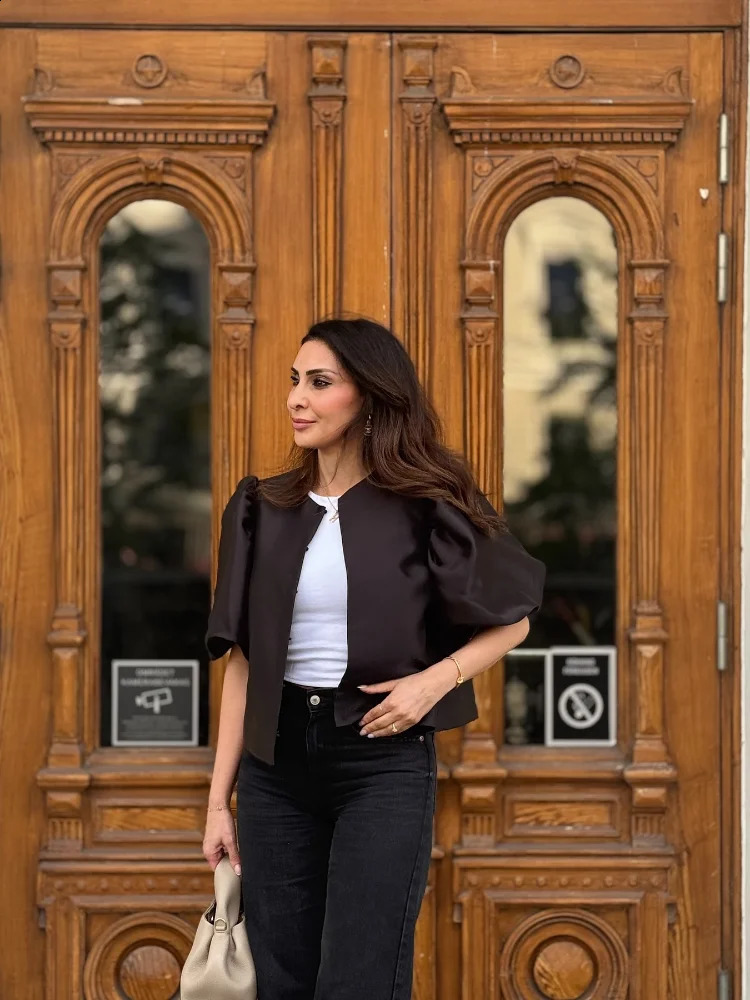 Fashion Solid Short Puff Sleeve Cropped Top Women Elegant Glossy Satin Round Neck Loose Shirt 2026 Street Blouses 260228