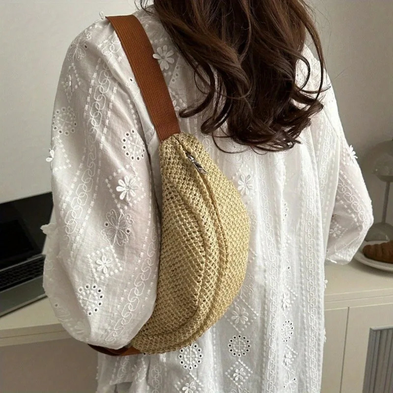 Woven Crossbody Bag Light Bohemian Waist Bag with Zipper Breathable Fabric Lining Golden Hardware Beige Brown Leather Bag 260303