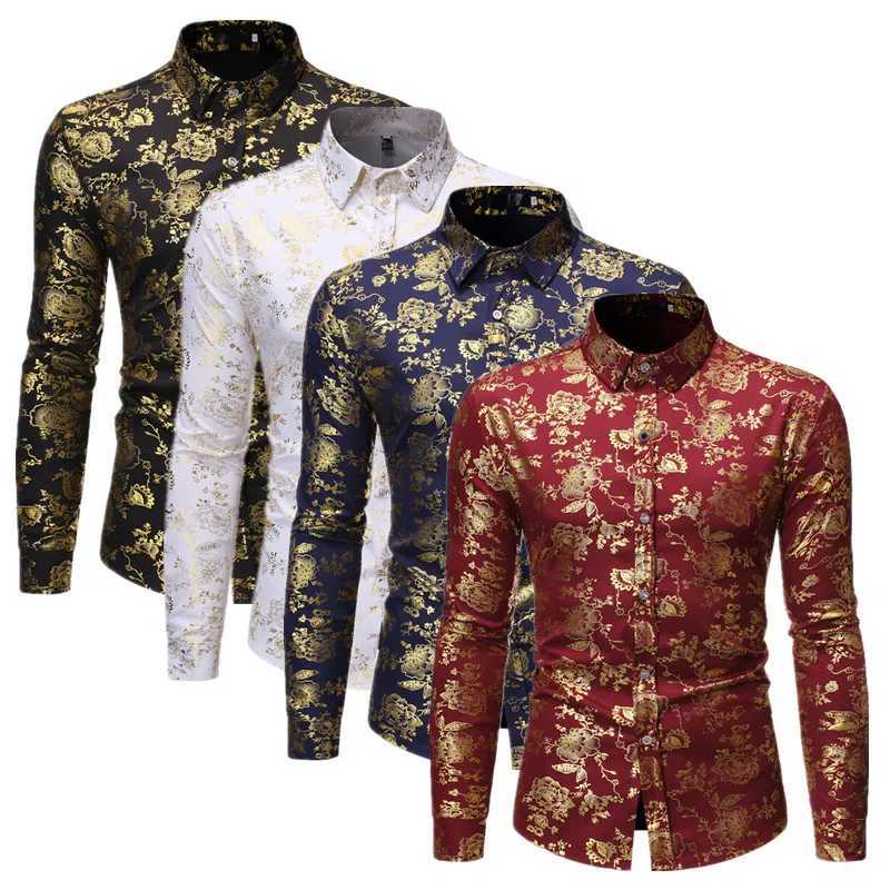 New Men Gold Stamp Printed Loose Shirt Black / White / Wine Red Fashion Male Business Social Casual Lapel Tops M260305