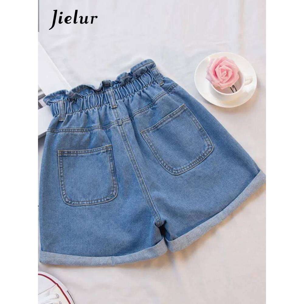 Jielur Summer Black Denim Women S-5XL Harem Ruffled White Blue High Waisted Shorts Female Elastic Short Jeans XJ260305