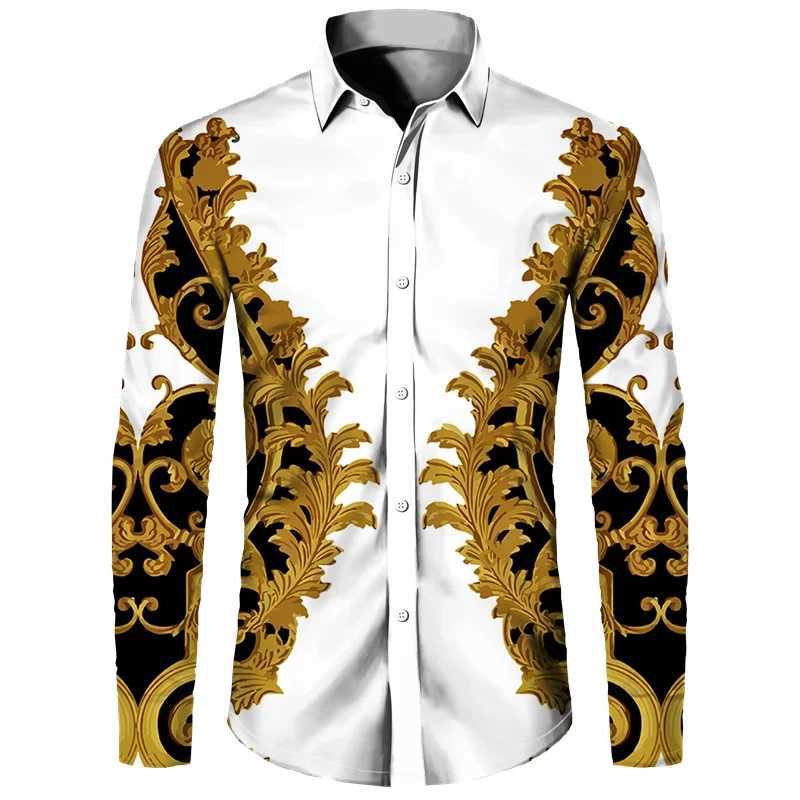 New 2024 Golden Flower Chain 3D Print Men Long Sleeve Shirt Casual Mens Designer Clothing Streetwear Lapel Button Shirts M260305