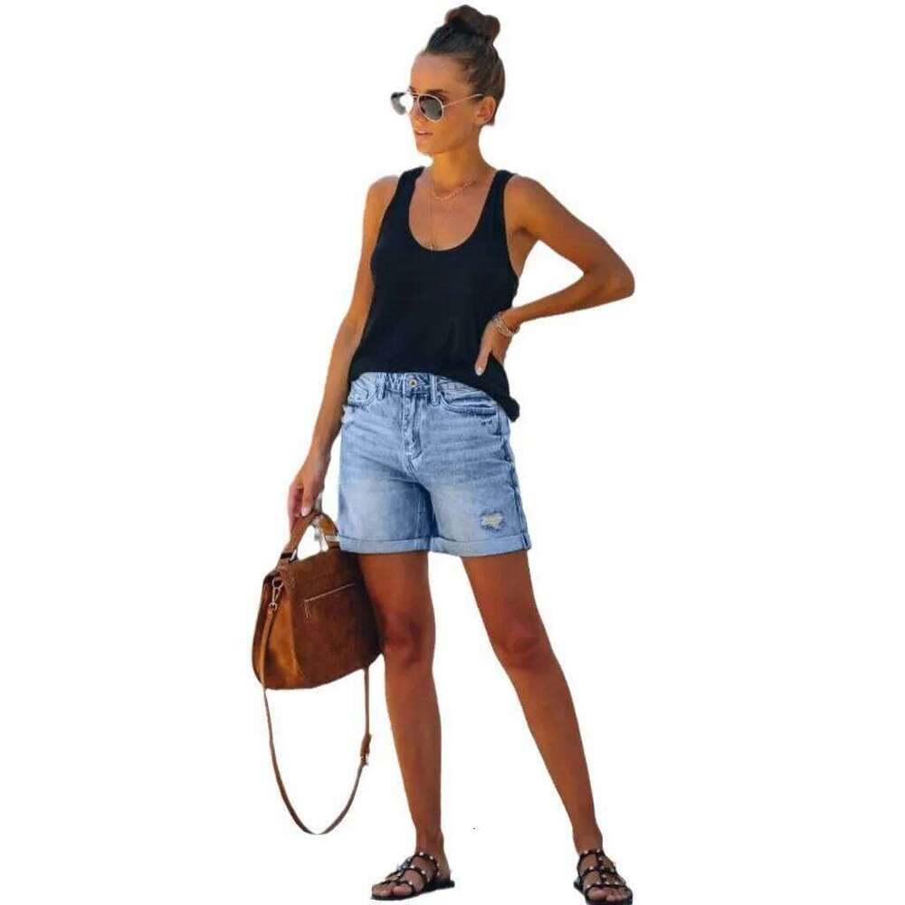 Short Jeans Women Vintage Hole Shorts Washed Distressed Pockets High Waist Streetwear 2025 Female Summer Denims Straight Pants XJ260305