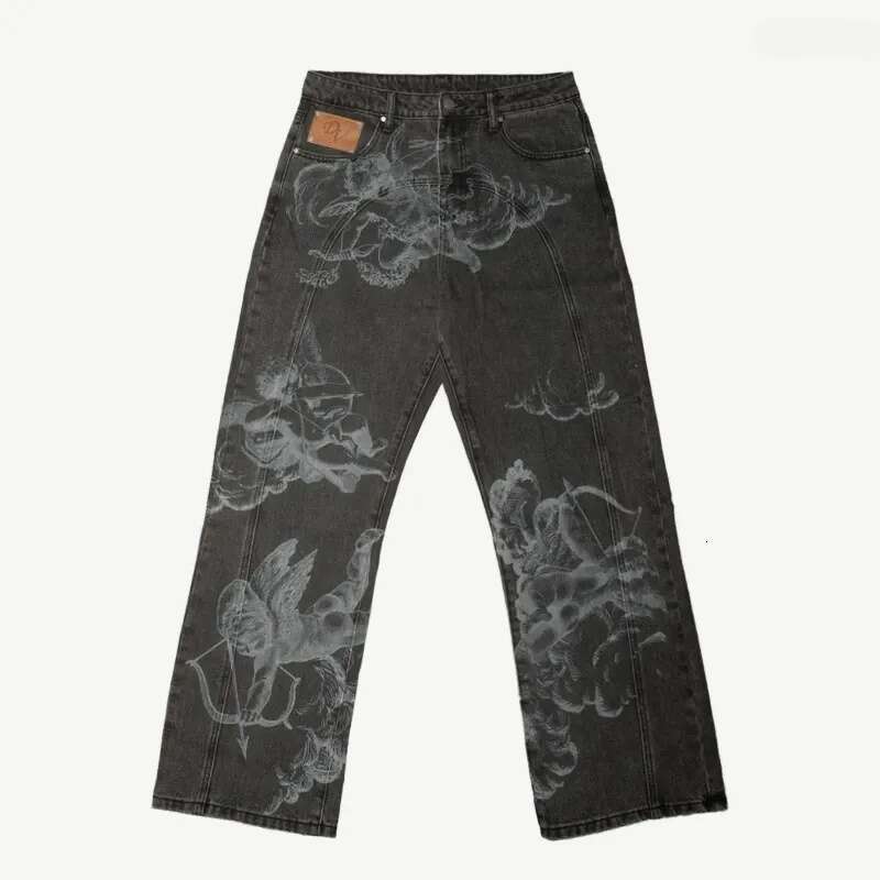 Men's Jeans Vintage Baggy Angel Cupid Pattern Men Women Trousers High Street Hip Hop Streetwear Unisex Casual Straight Leg Men's Clothing