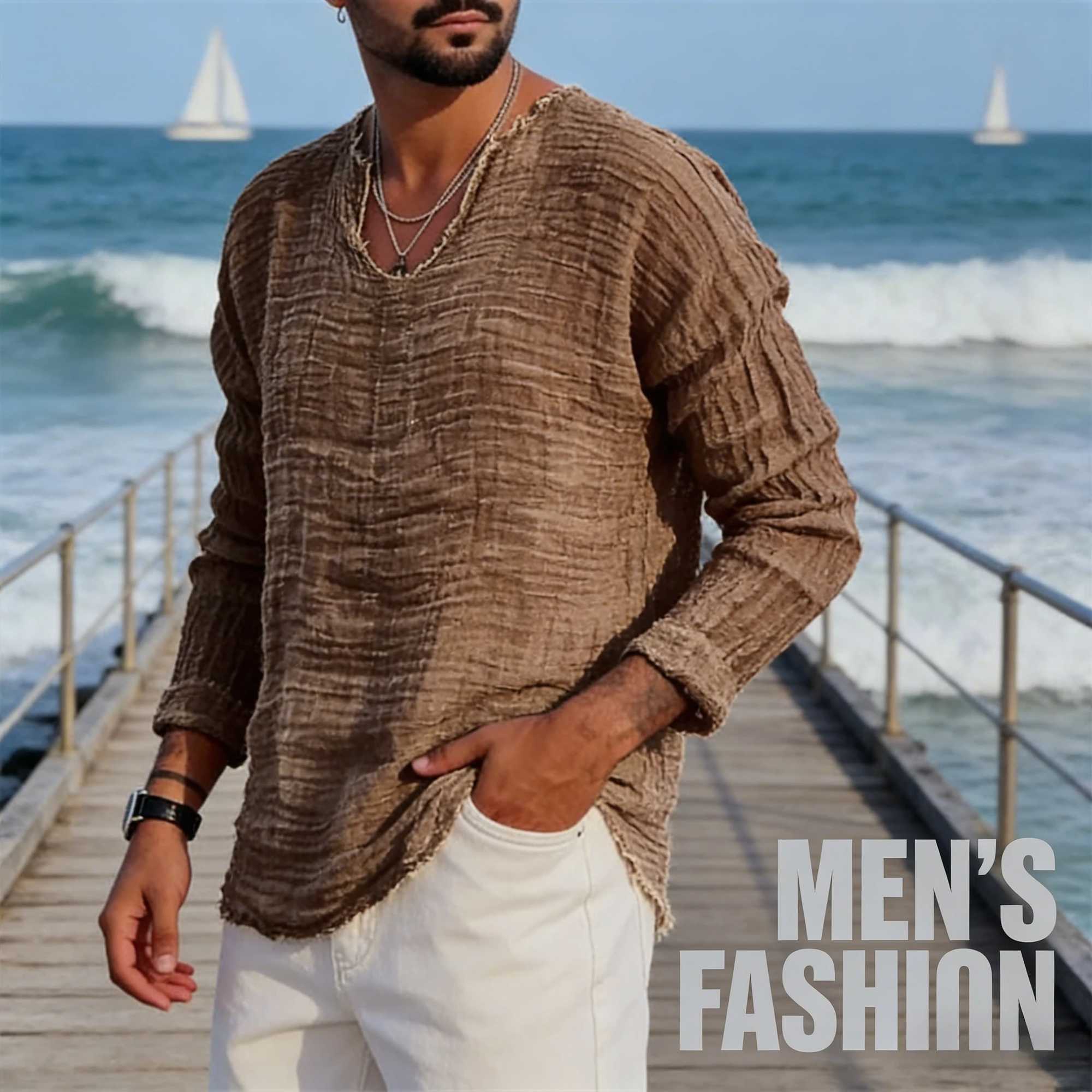 Mens Youth Linen Casual Shirt Loose V-neck Washed Distressed Frayed Edge Long Sleeve Button Down Top M260305