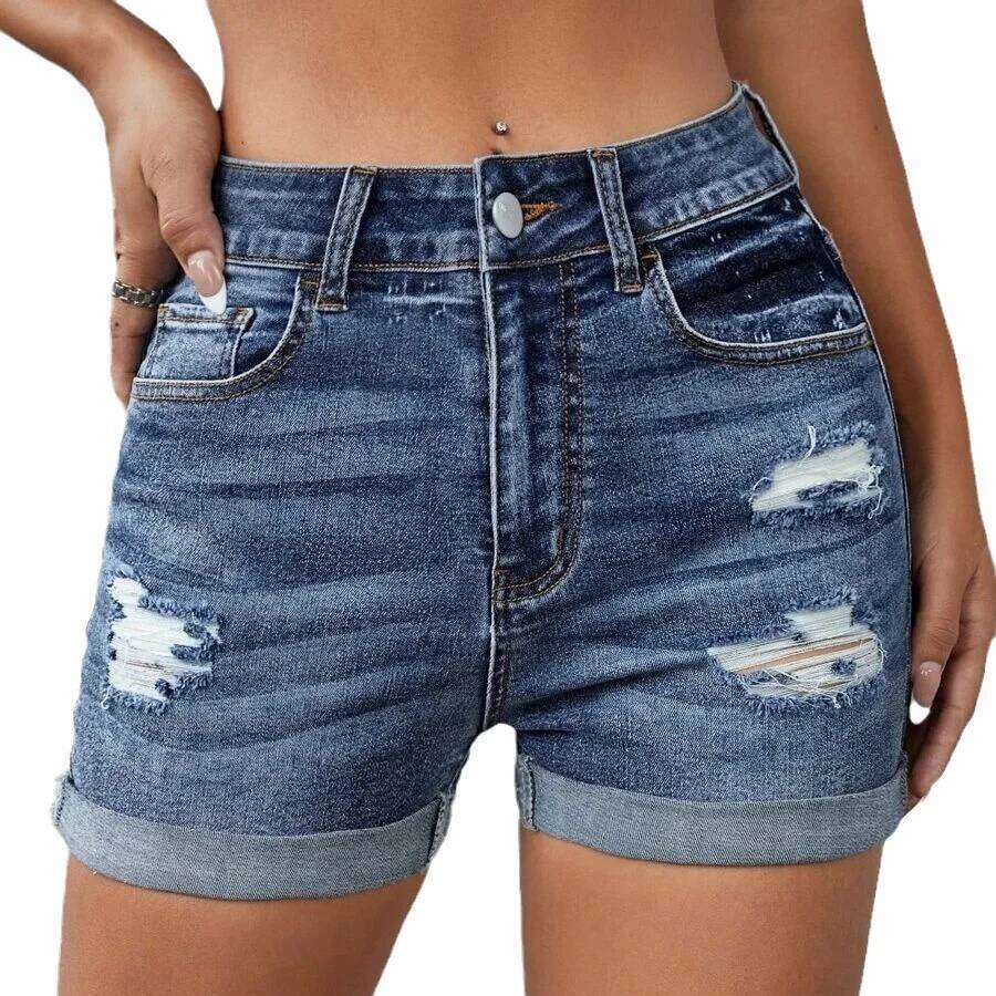 Washed High-waisted Denim Shorts with Holes. New Summer Fashion and Temperament Commuter Rolled Edge Short Jeans for Ladies XJ260305