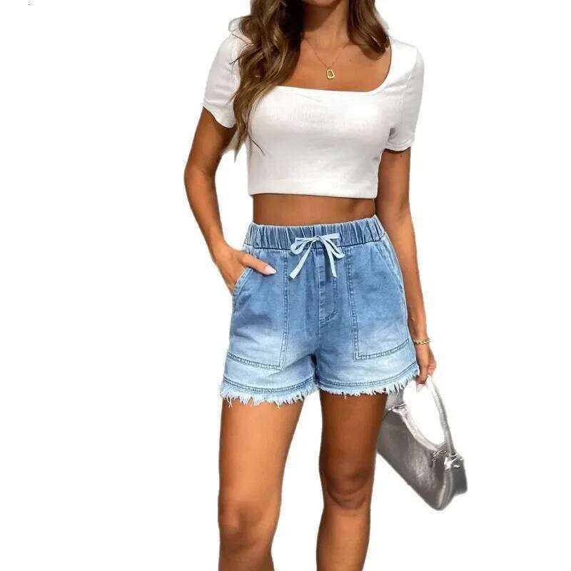 Women Denim Shorts Drawstring Elastic Hight Waist Pants Casual Baggy JEANS withPocket Tassel Hem Summer Blue Trendy Streetwear XJ260305