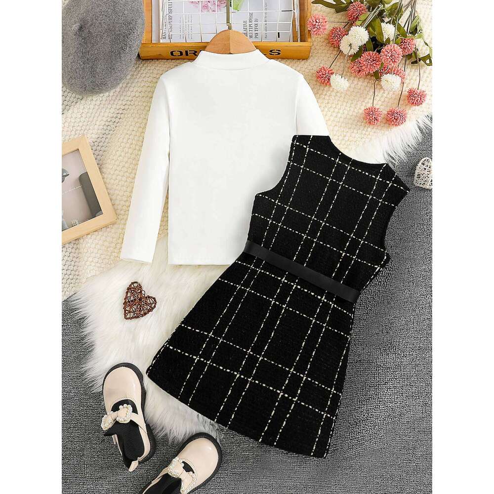 Spring and autumn Fashion Kids 2-piece ceremonial dress for cute girls Solid color crew neck shirt + plaid lapel skirt suit Z260304