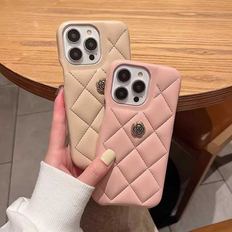Luxury Quilted Leather Phone Case with 3D Metal Camellia For iPhone 17 16 15 14 13 Pro Max Plus | Premium Protective CoverT260305