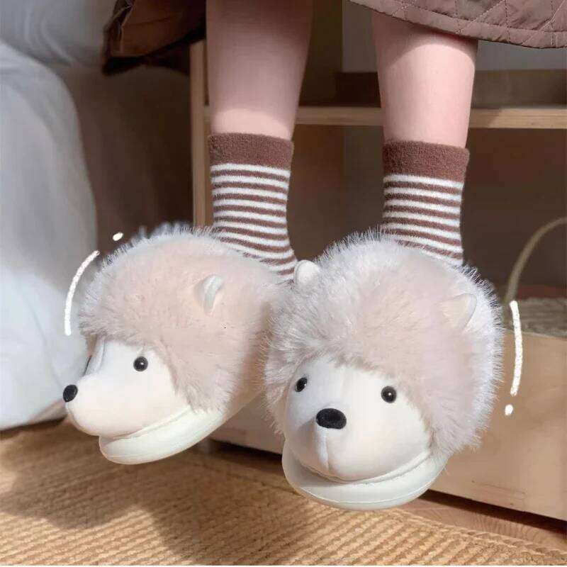 New Cute Cartoon Fluffy Slippers For Woman Winter Warm Shoes Funny Hedgehog Anti-slip Soft Plush Girls Indoor Home Floor Slides