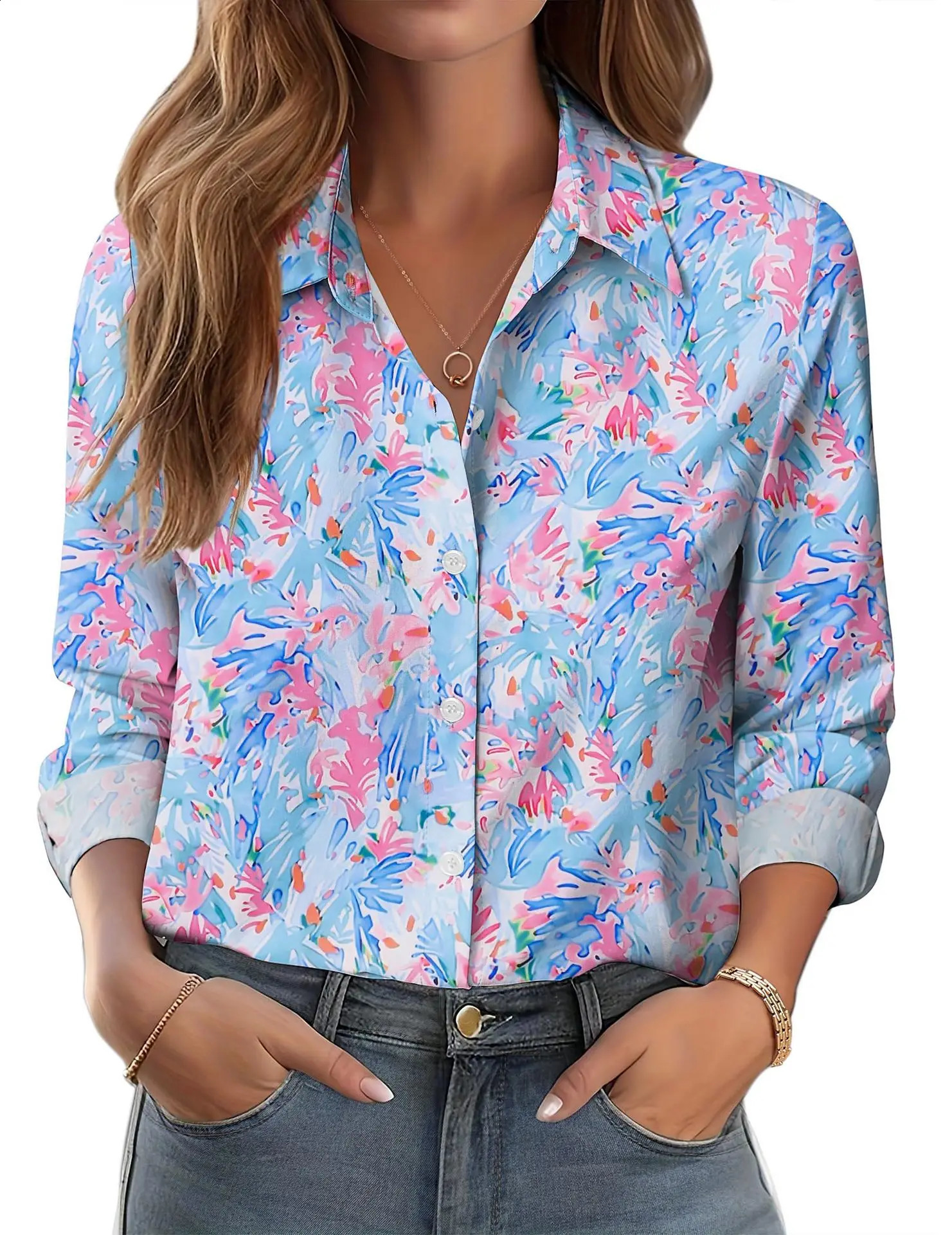 Spring Womens Red LongSleeve Printed Shirt Blue SingleBreasted Collared Shirts 2026 Collection 260228