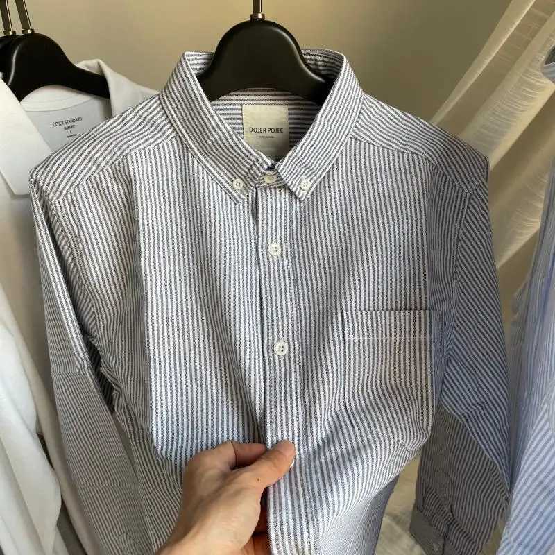 Retro Japanese Versatile Wash Striped Shirt Oxford Spinning Men and Women Casual Long-sleeved Shirt Clothes M260305