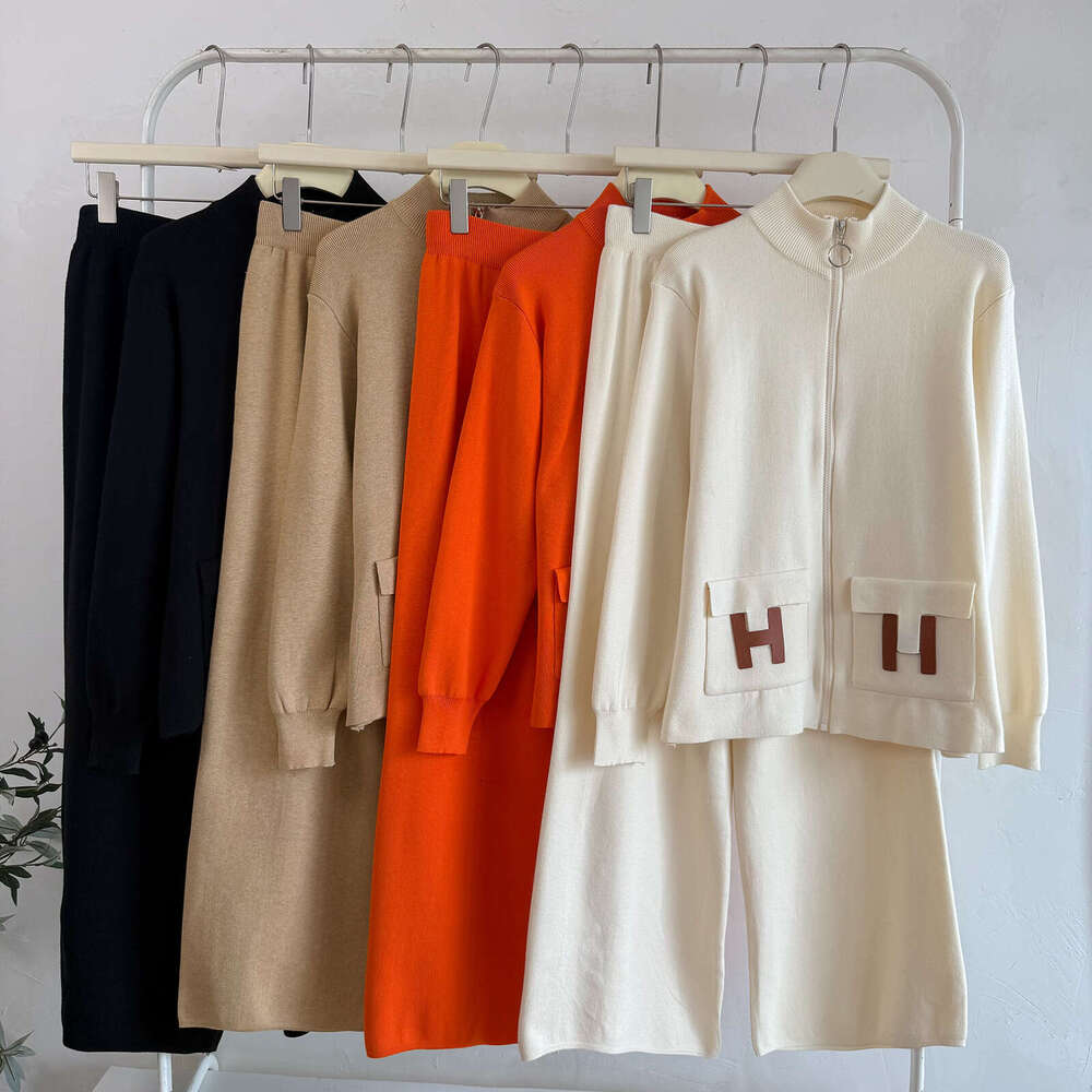 Women's Fashionable Knitted Zipper Cardigan Wide Leg Pants Pocket Two Piece Set Cross-Border New Style Versatile Ensemble Asia Size