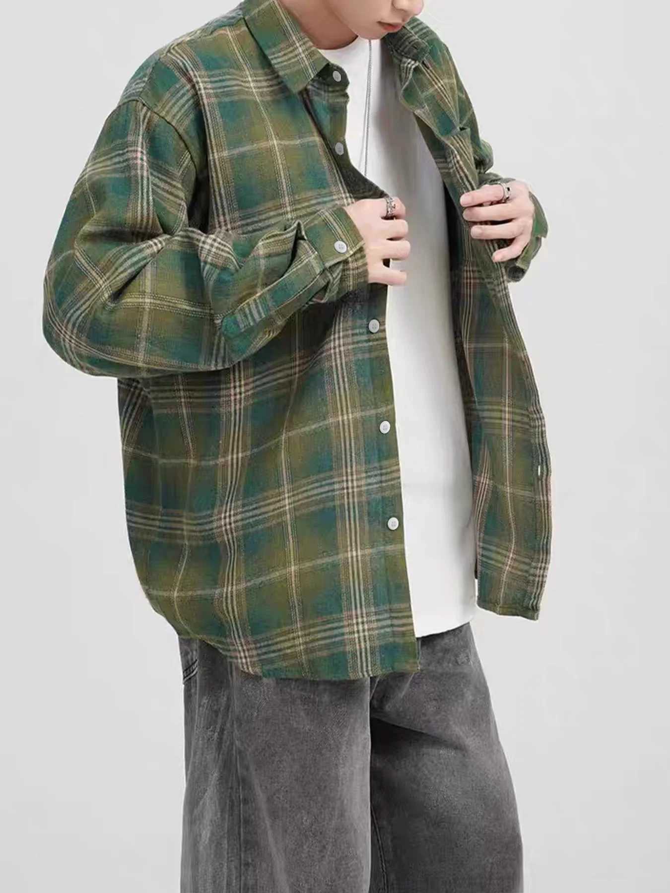 American-style autumn vintage mens shirt new casual spring and autumn plaid trendy versatile long-sleeve shirt M260305