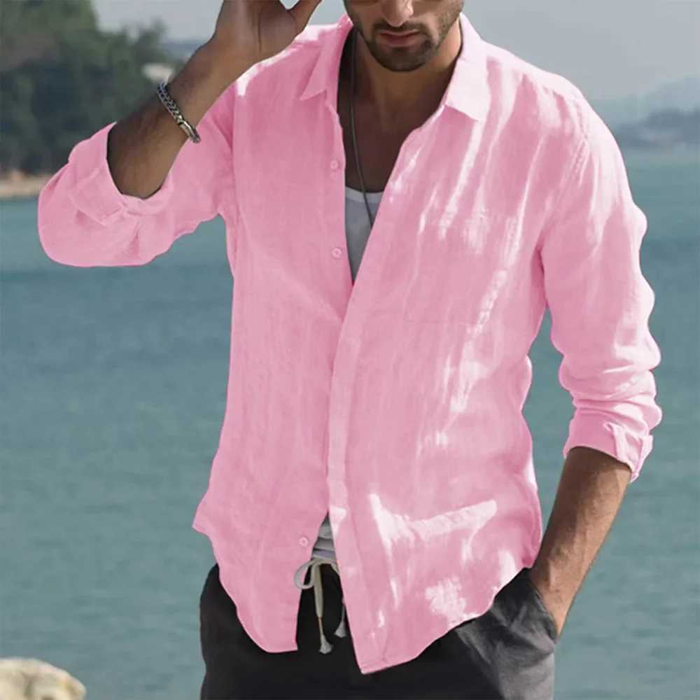 Summer Mens Solid Fashion Versatile Shirt Beach Cotton Linen Shirts Men Long Sleeved Cardigan Tops Turn Down Collar Slim Fit M260305