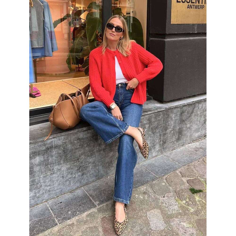 Women O-neck Single Breasted Cardigan Knitted Coat 2025 Autumn Winter Casual Long Sleeve Red Warm Sweater Tops Clothes XJ260305