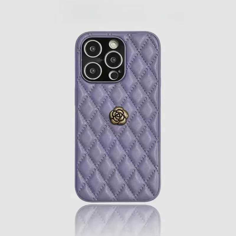 Luxury Quilted Leather Phone Case with 3D Metal Camellia For iPhone 17 16 15 14 13 12 Pro Max 15 16 Plus | Premium Fashion CoverT260305