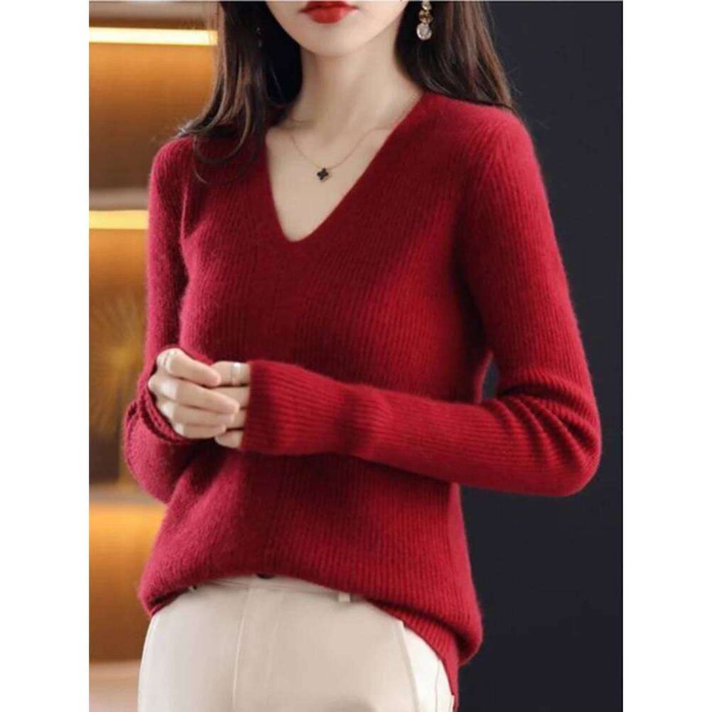Women Wool V-neck Bottoming Jumpers Solid Autumn Winter Soft Warm Woman Sweater Knitted Basic Slim Pullovers Tops XJ260305