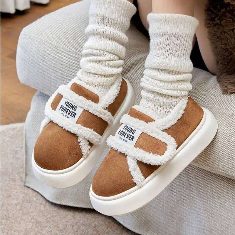 Women's Home Cotton Slippers New Arrival Winter Warm Shoes Soft Plush Anti-slip Girls Indoor Outdoor Slipper With Heel