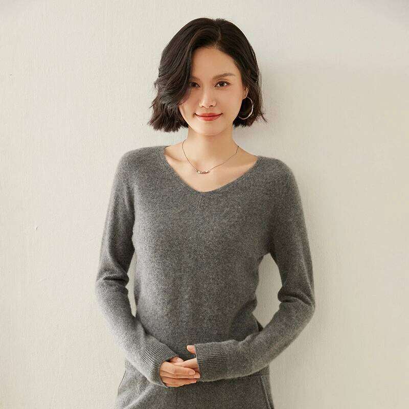Sweater V-Neck Long Sleeve 100% Pure Cashmere Fall Winter Warm Soft Knit Pullover New Knitted Tops Women's Clothing XJ260305