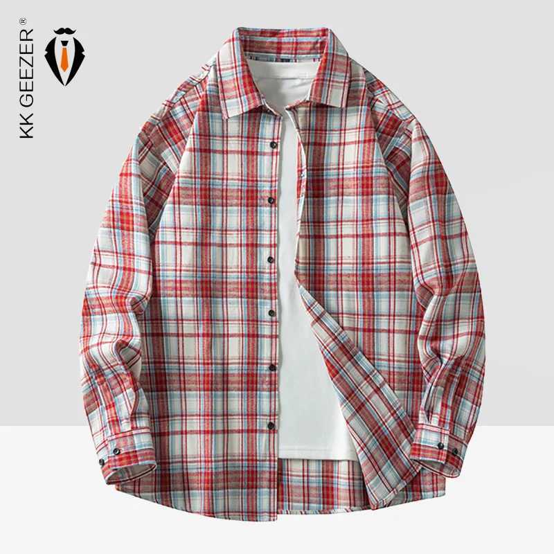 Men Shirt Plaid Flannel Long Sleeve Oversized Loose Cotton Casual Male Youth Comfortable Soft Fall Streetwear Formal Dress Shirt M260305