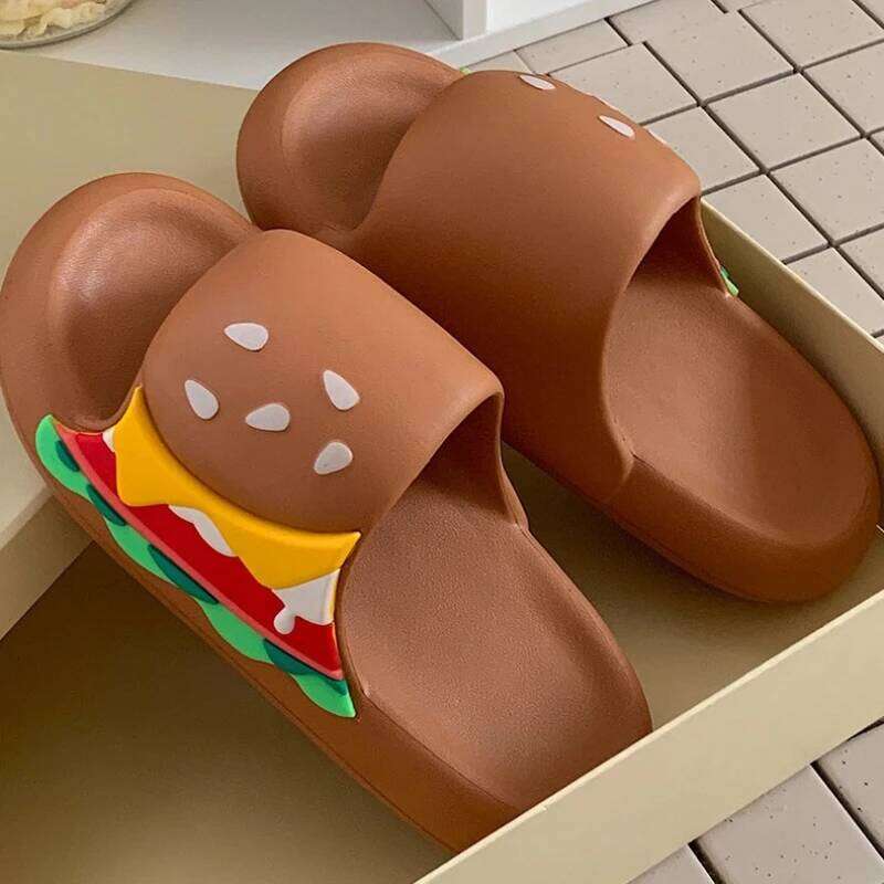 Cute Hamburger Indoor Platform Slippers For Women Summer House Shoes Soft EVA Thick Sole Anti-slip Couples Home Bathroom Slides