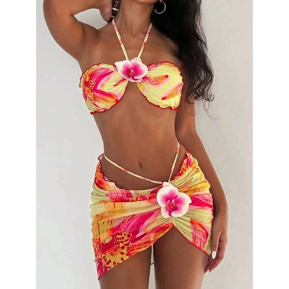 3D Flowers with Mesh Skirt Halter Bandeau Women Swimsuit Female Swimwear Three-pieces Bikini Set Bathing Suit Beachwear Y260303