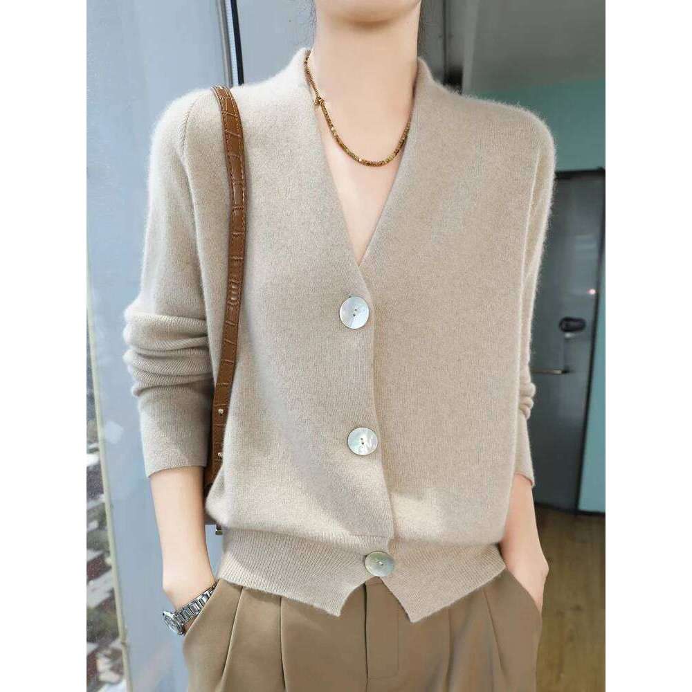 Women Sweater V-neck Cardigan Autumn Winter 30% Cashmere And 70% Merino Wool Knitwear Long Sleeve Soft Solid Grace Tops XJ260305