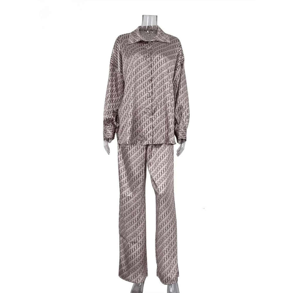 Oymimi Fashion Black Print Womens Piece Outfit Set Elegant Lapel Long Sleeve Shirts And High Waisted Lopse Straight Pants Sets MAKOUFEI