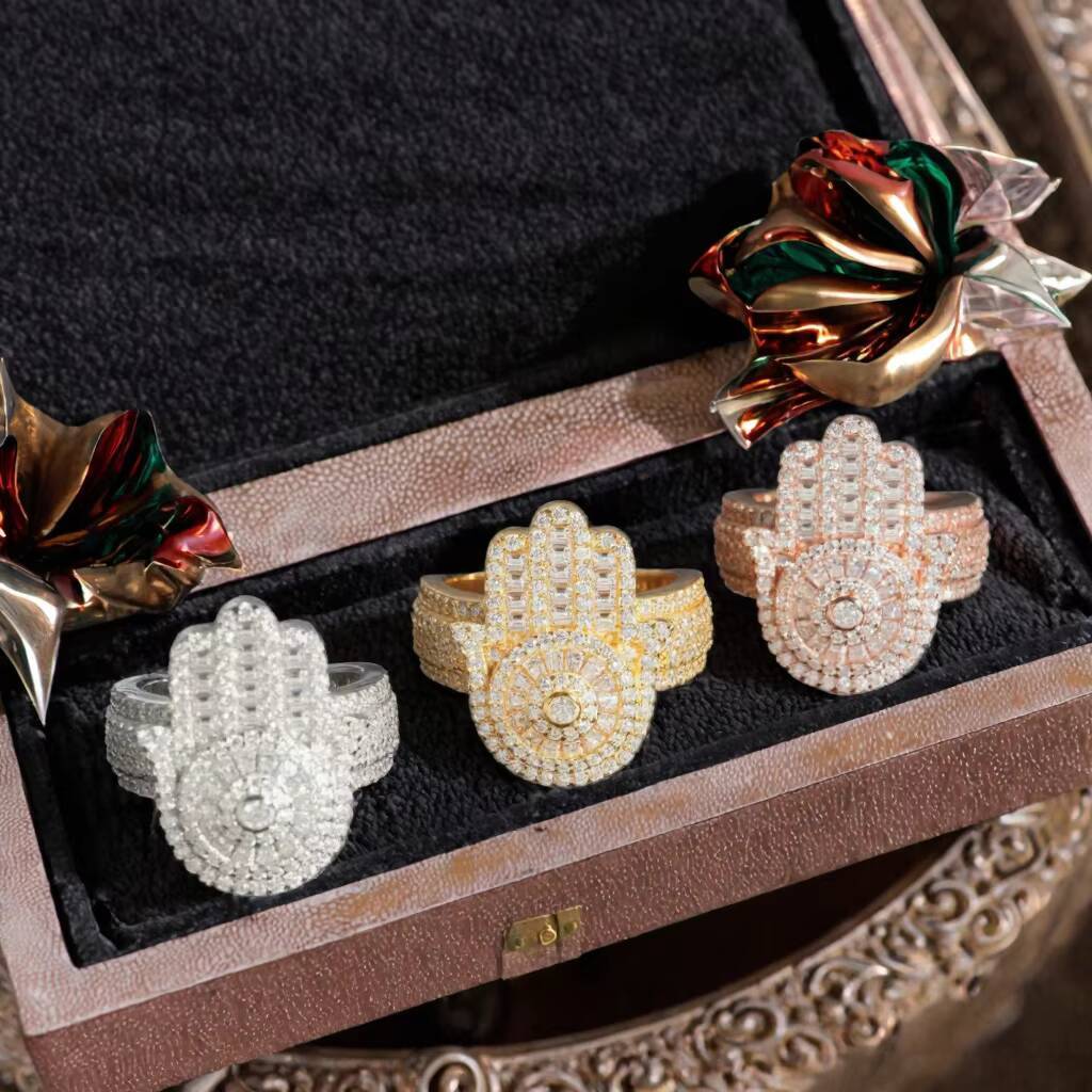 New Arrivals 925 Sterling Silver VVS Moissanite Hamsa Ring Hip Hop Style Iced Out Mens Diamond Moissanite Ring