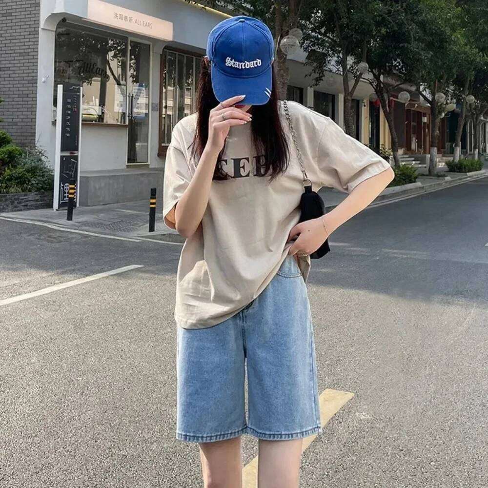 Korean Style Classic Denim Women Summer Blue High Waisted Wide Leg Pants Streetwear Stright Jeans Womens Shorts XJ260305