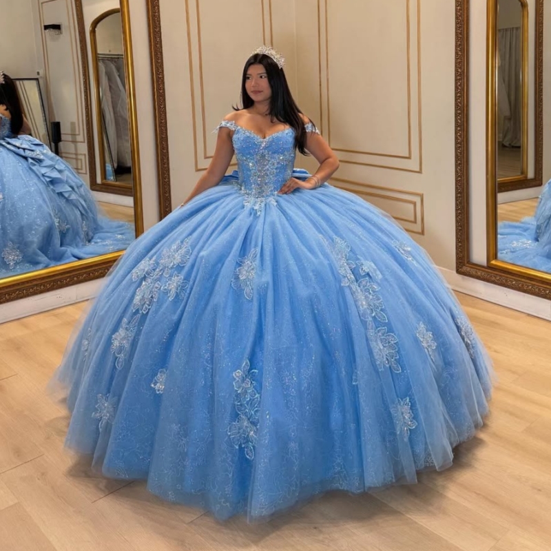 Blue Shiny Quinceanera Dresses Ball Gown Off The Shoulder Applique Flower Beading Crystal Bow Tull Corset Party Birthday Sweet 16 Dress Vestidos 15 De
