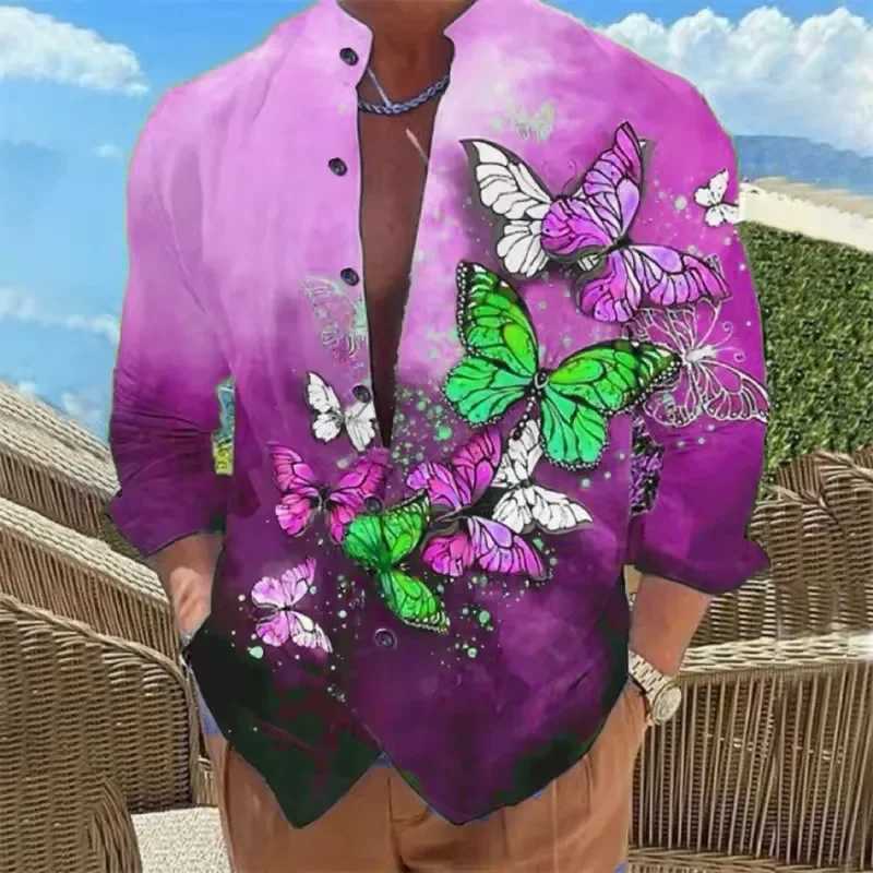 Mens Shirt 6-color Hawaiian 3D Mens Long Sleeved Shirt Butterfly Single Button Fashionable Casual Shirt M260305