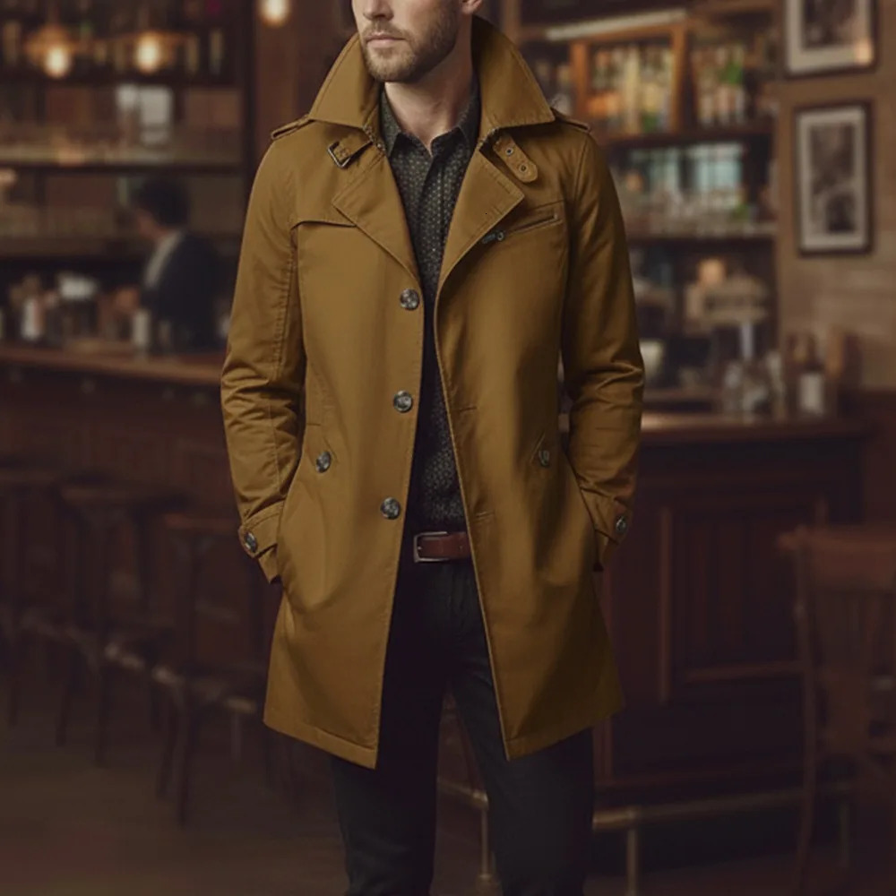 Mens Slim Notched Collar Single Breasted Cotton Jacket Office Casual Business Trench Coat 260302