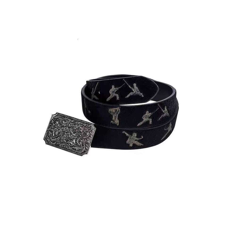 Martial Arts Burning Flower Figurine for Men Laser Engraved Double Dragon Metal Buckle Leather Belt Personalized Retro Decorative Waistband