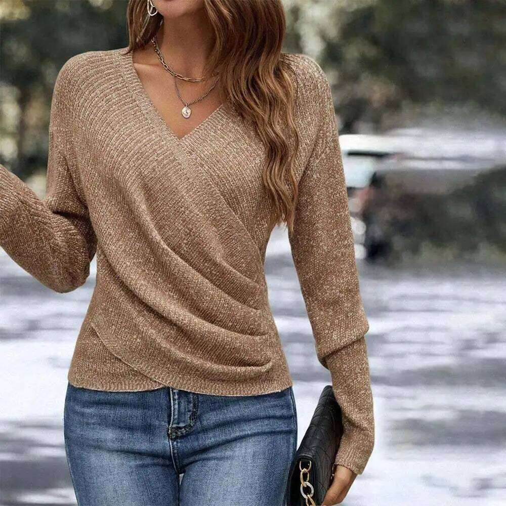 Ropas De Mujeres Knitwears Klamotten Damen V-neck Versatile Long-sleeved Solid Color 2025 Women's Cross Knitted Pullover Sweater XJ260305