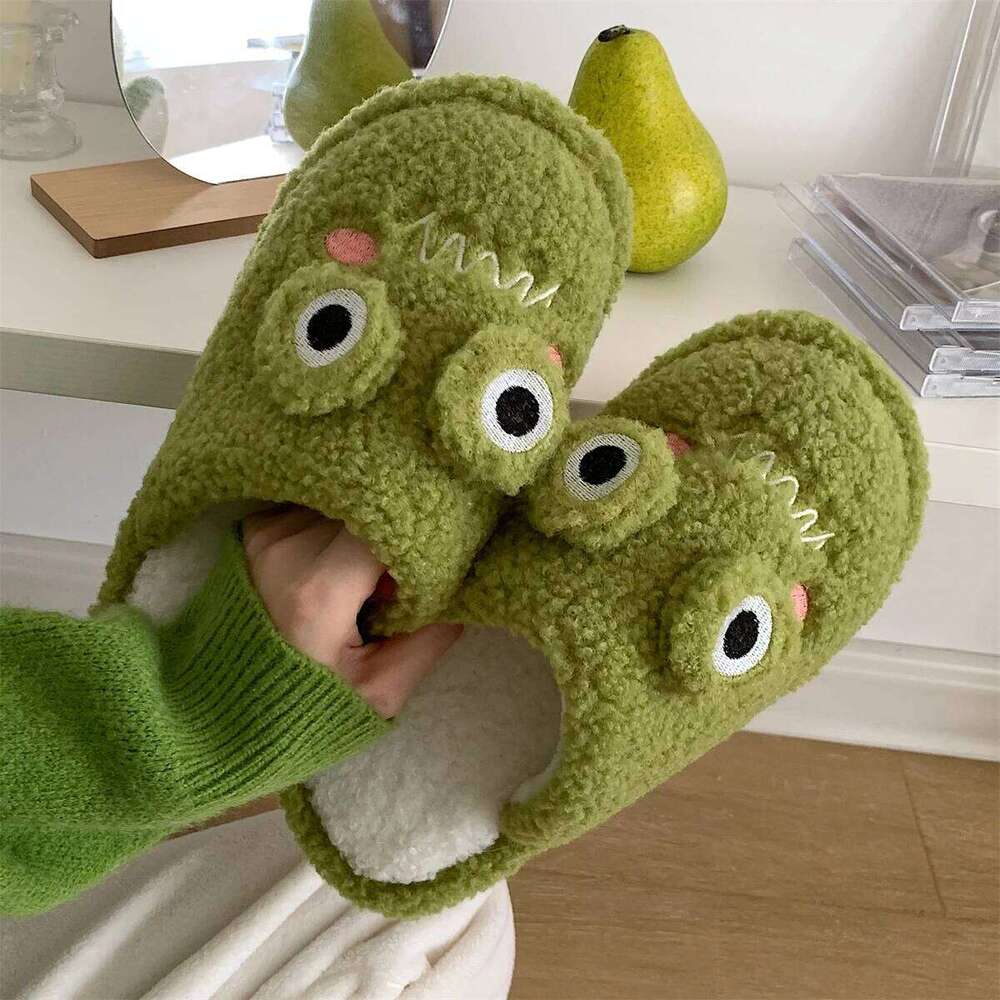 Faux Fur Slippers Cute Cartoon Frog Home Slipper Women Men Winter Warm Shoes Soft Plush Lovers Indoor House Floor Slides