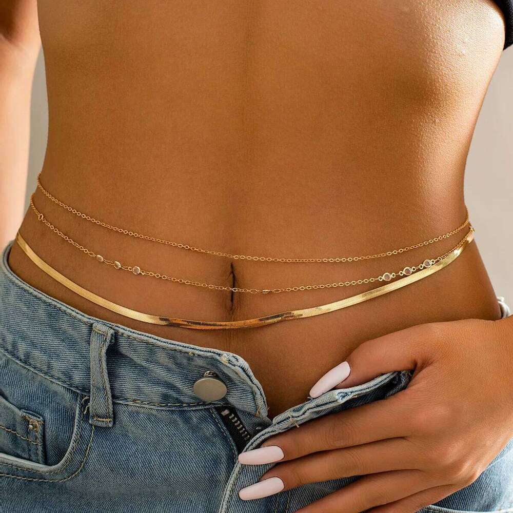 Fashionable and Sexy Metal Rhinestone Belly Button Tassel Layered Plain Women's Beach Waist Chain Jewelry S260304