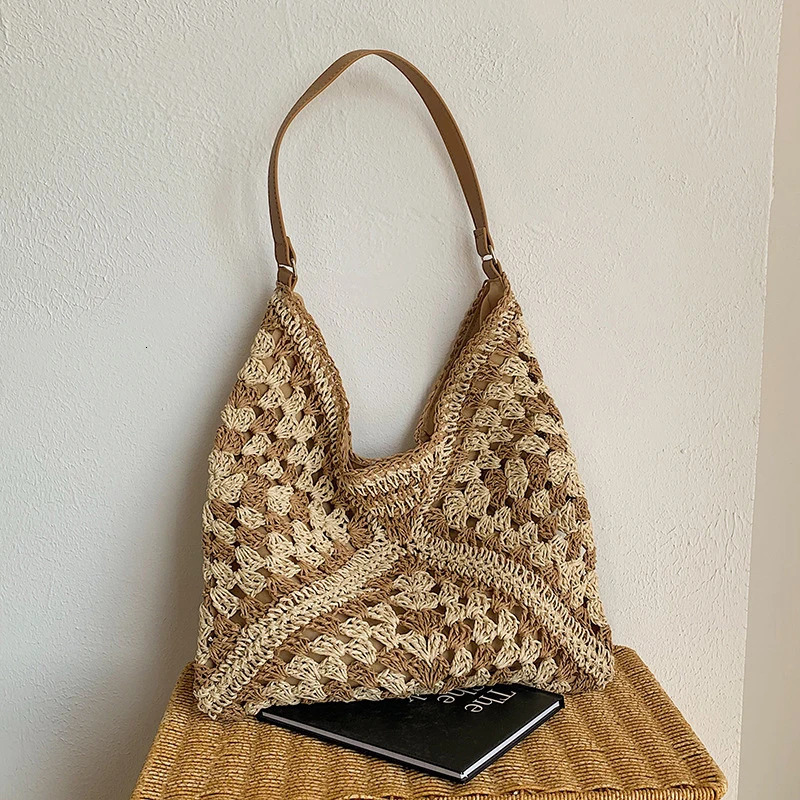 Womens Woven Straw Shoulder Bag Medium Size Handbag With Handle For Beach Vacation 260303