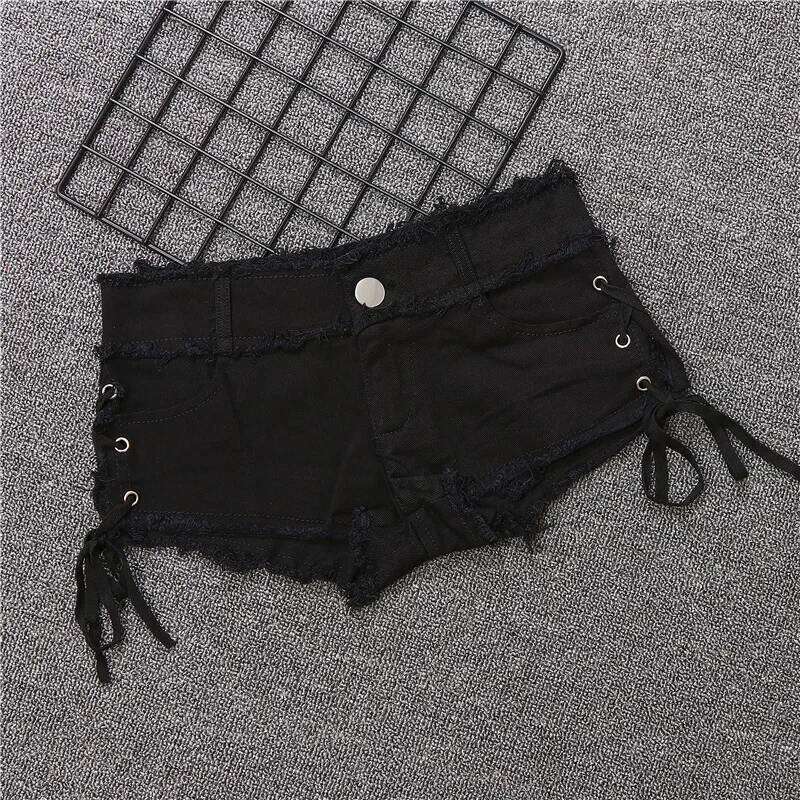 New Cotton Elastic Side Slit Bandage Tight Low Waist Sexy Denim Jean Shorts Black And White XJ260305