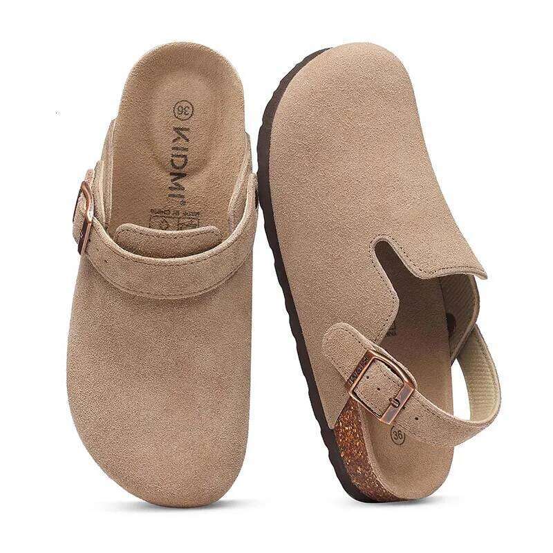 Kidmi Women's Cow Suede Clogs With Adjustable Strap Indoor And Outdoor New Beach Cork Footbed Leather Mules Slip On Potato Shoes