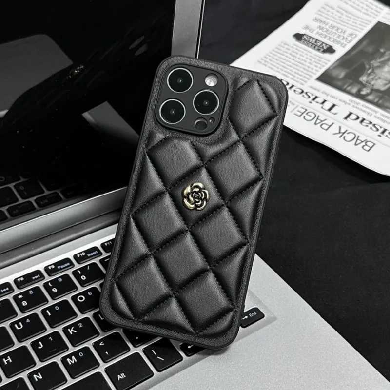 Luxury Quilted Leather Phone Case with 3D Metal Camellia For iPhone 16 15 14 13 12 Pro Max | Anti-fall Silicone Hybrid CoverT260305