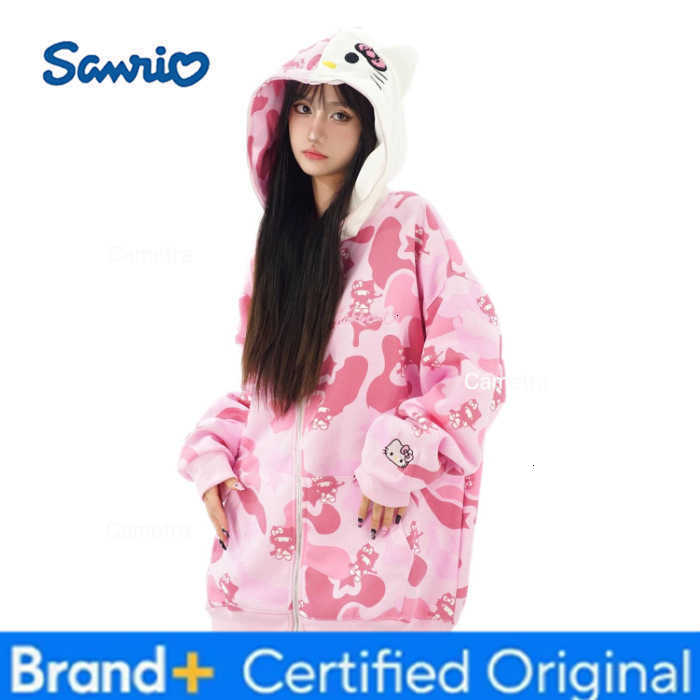 Sanrio Cotton American-style vintage camouflage cardigan, Kitty Cat hoodie, women's loose and lazy style oversized coat H251120