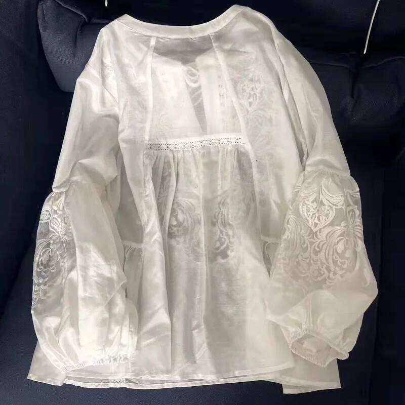 Mardi Hefxessdr Fashion Designer Blouses Spring Tops Women Lurex Embroidery Long Sleeve Casual Loose White Cotton Blouse Chinese style shirt women