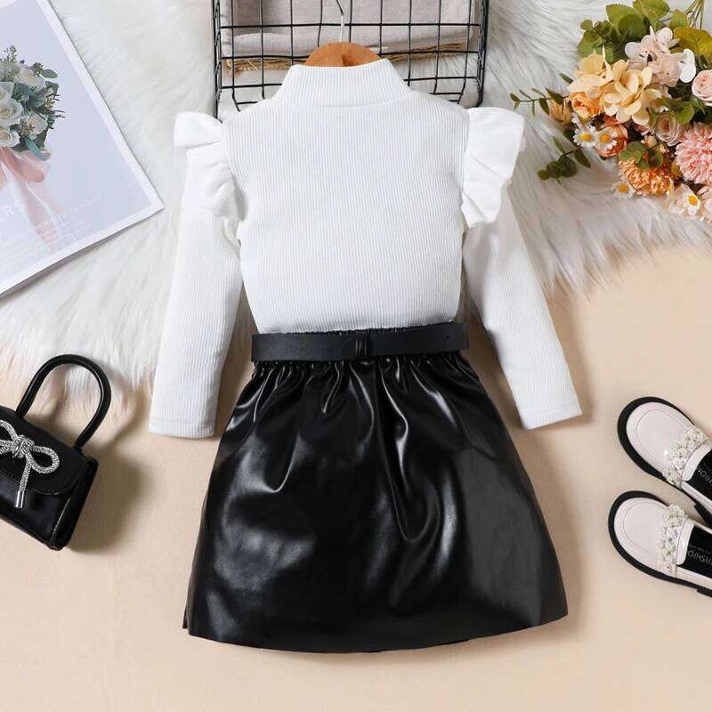 Pudcoco Toddler Girl 2 Piece Outfit Ruffles Long Sleeve Tops and Leather Pleated Skirt Set for Baby Fall Cute Clothes 18M-6T Z260304