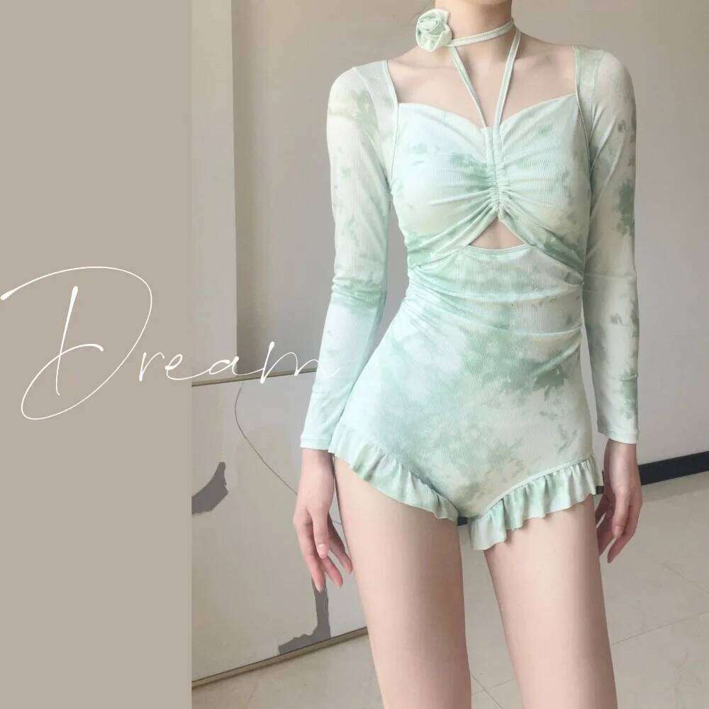 sexy 3D flower Korean fashion conservative swimsuit one piece long sleeve ruffles bikinis hatler bodysuits cute beach outfits Y260303