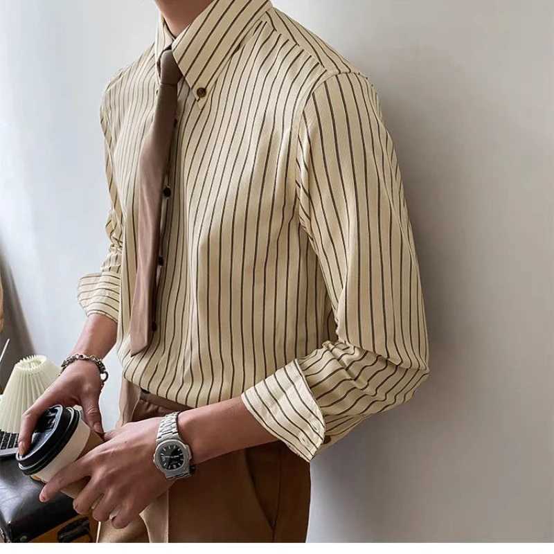 Retro Shirt Striped Slim Fit Mens Business Casual Korean Long-sleeved Shirt Top M260305