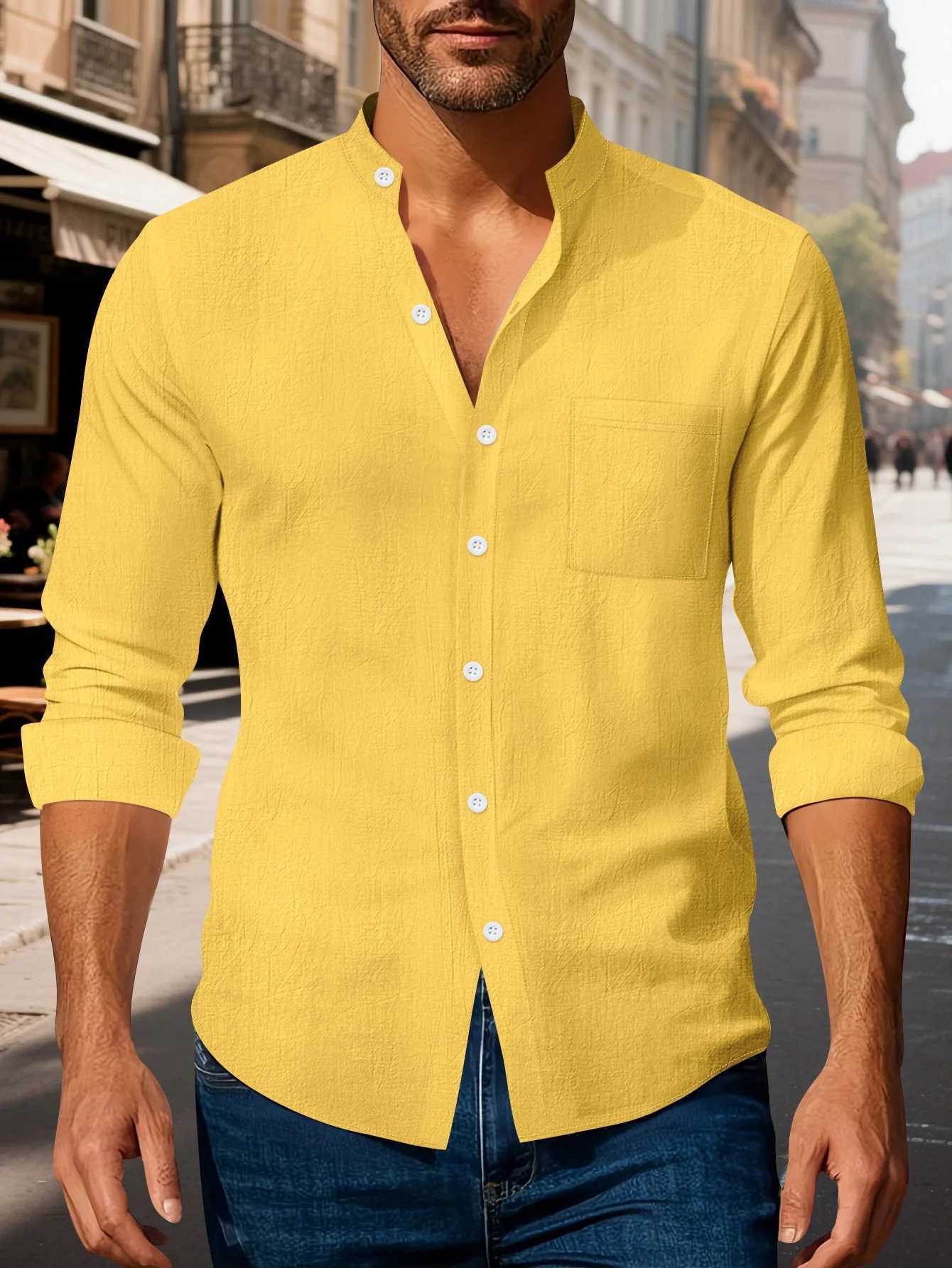 Autumn mens clothing 2025 new item mens solid color cotton and linen shirt stand up collar cardigan long sleeved casual busine M260305