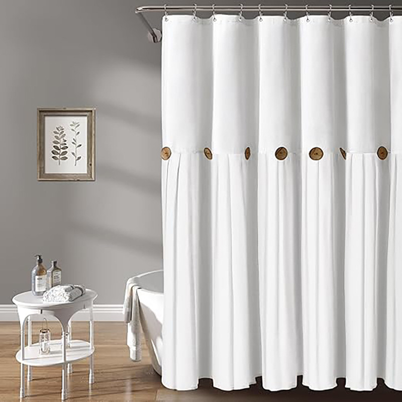 YL-38300 Button-Patchwork Skirted Bathroom Shower Curtain, Cotton Linen Waterproof Button-Patchwork Bathroom Curtain